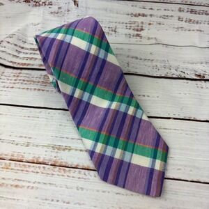 Faconnable Plaid Necktie Purple Green White Cotton Linen Men's tie Accessory
